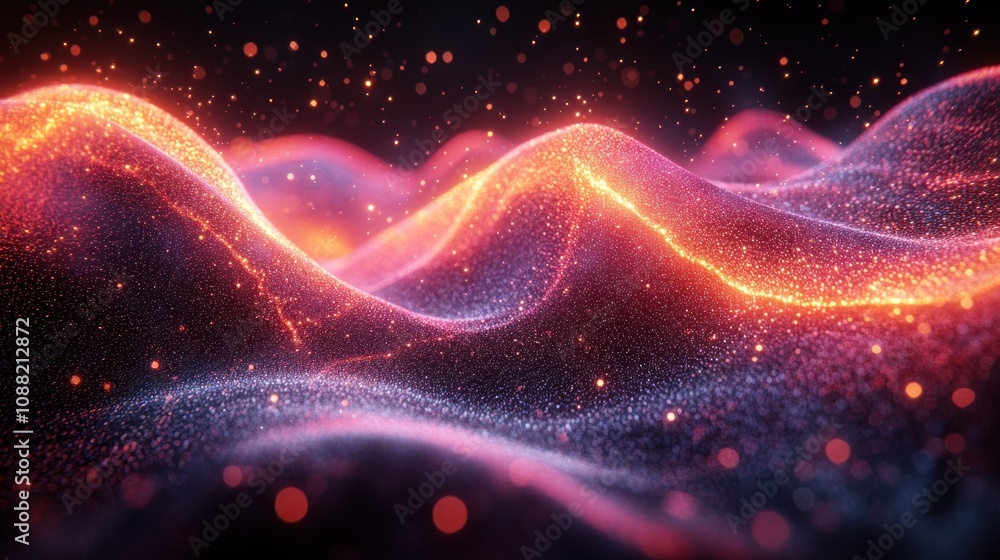 Poster abstract glowing waves with shimmering particles in dark space.