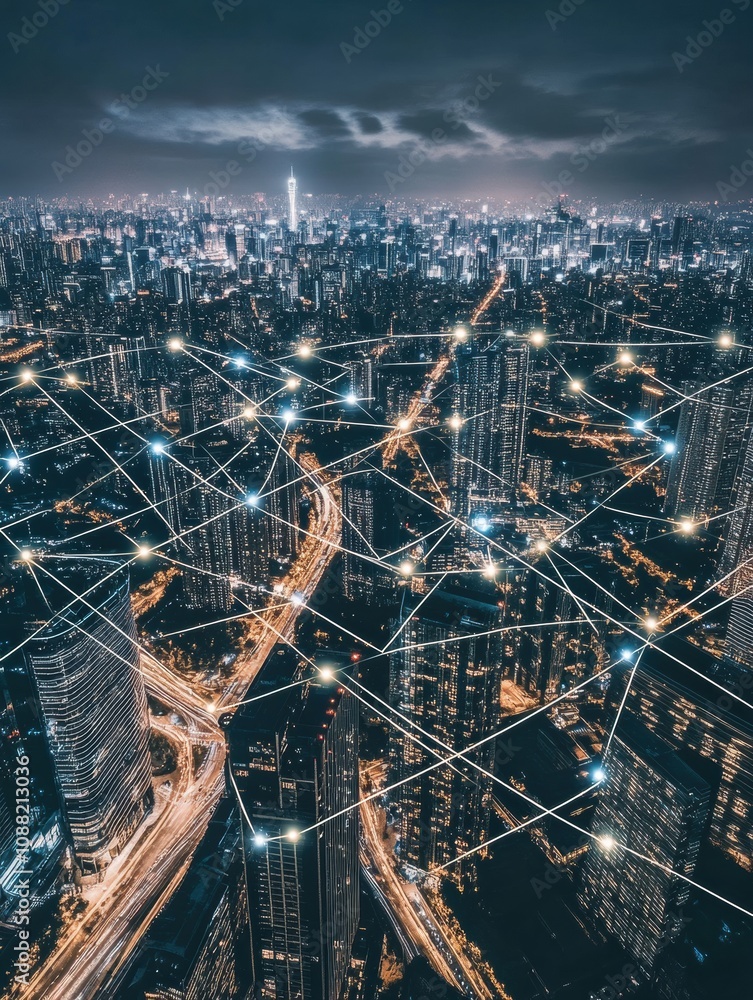 Poster the skyline features a modern city illuminated at twilight, where buildings are interconnected by a 