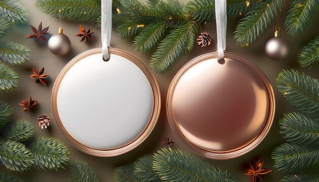 Elegant round ornament mockup hanging on fir tree branches for holiday decoration. Generative AI