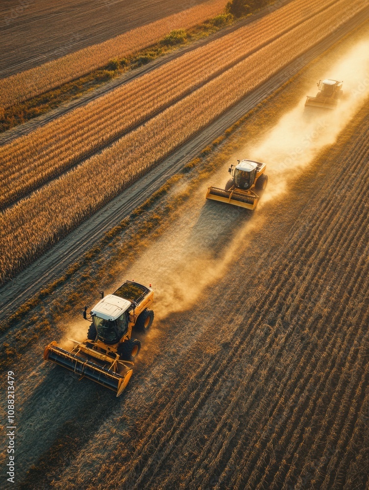 Poster Automated machines work diligently on the farm, gathering crops under the warm glow of the setting sun. Generative AI
