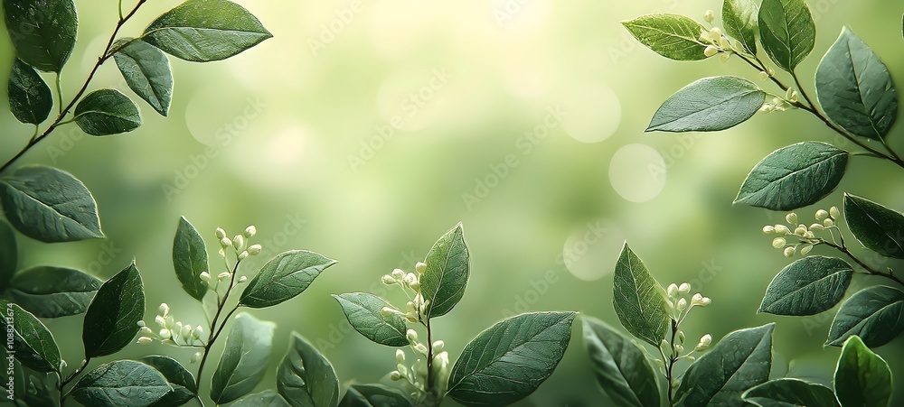 Poster a close-up view of lush green leaves and delicate buds, creating a serene and tranquil atmosphere wi