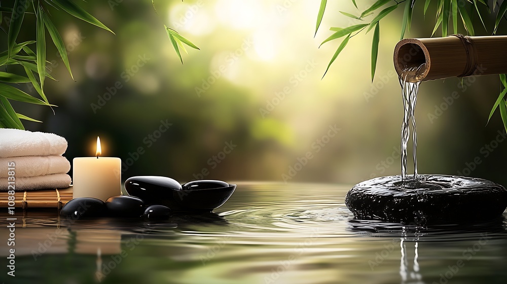 Poster serene environment with bamboo water feature stones and candlelit reflection in zen spa setting : ge