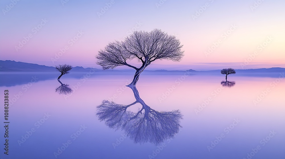 Poster serene lone tree reflecting on tranquil lake at dusk with pastel sky : generative ai