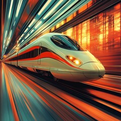 Fototapeta premium A sleek high-speed train moves rapidly through a vibrant, illuminated tunnel.