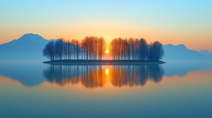 Obraz premium Golden Sunrise Illuminates Mountainous Island with Reflective Lake Surface : Generative AI