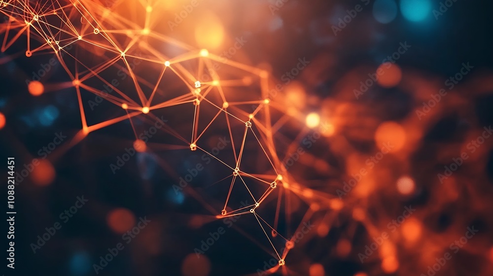Poster Orange Network Mesh with Glowing Points Abstract Futuristic Technology Concept : Generative AI