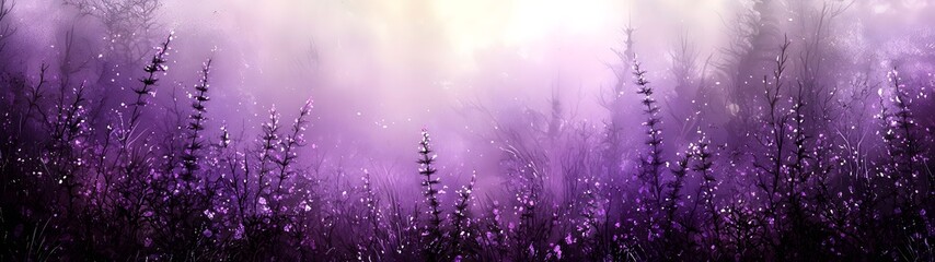 A breathtaking field of purple flowers shrouded in soft mist, creating a serene and magical atmosphere. The delicate petals glisten in the warm, diffused light.