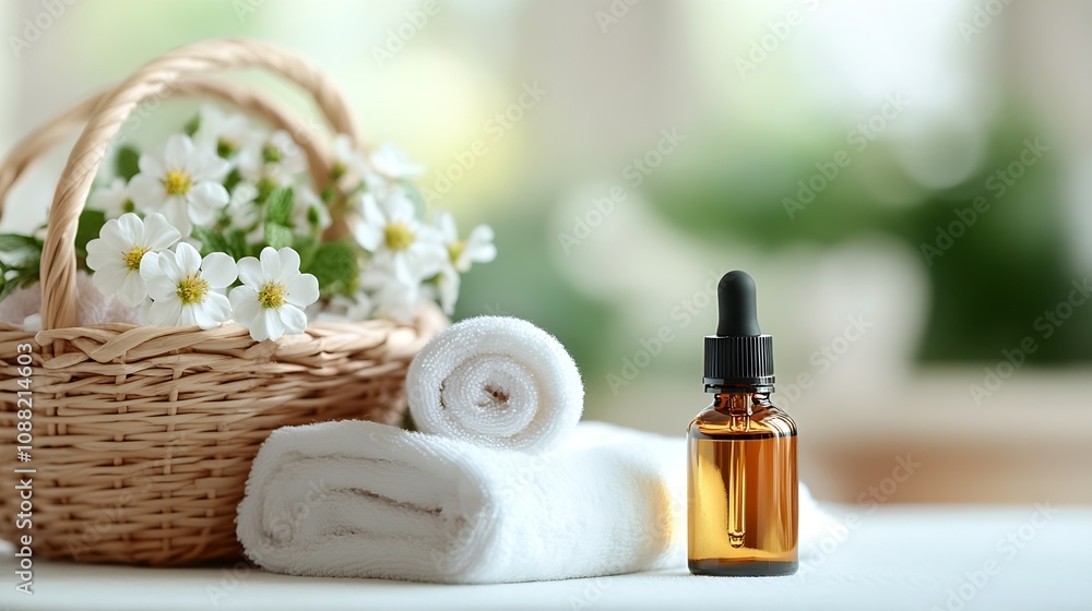 Poster essential oil bottle and rolled towels with flowers in serene spa environment : generative ai