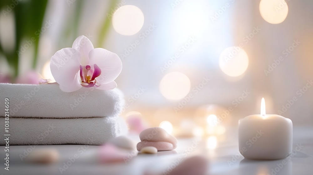 Poster elegant spa environment with soft pink orchids on rolled towels and candlelight : generative ai