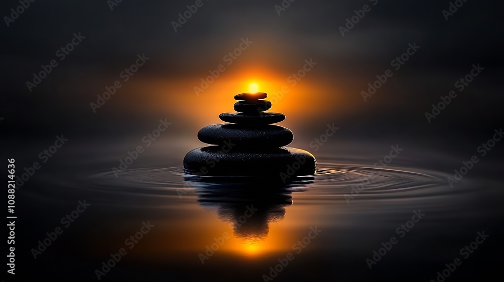 Poster Calming Stone Stack in Tranquil Water with Warm Glow Emanating from Above Creating a Harmonious Ambience : Generative AI