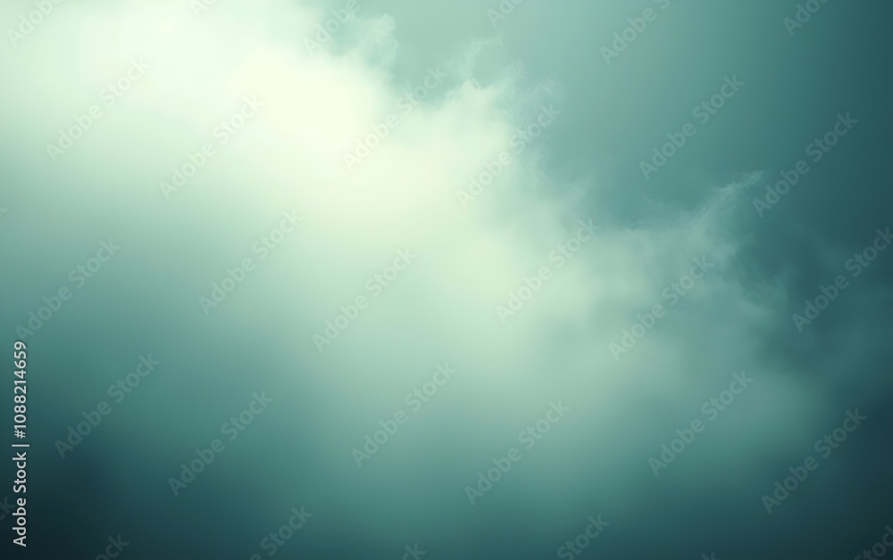 Poster a serene view of wispy clouds in soothing shades of green and gray, creating a tranquil atmosphere. 