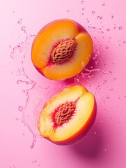 A vibrant peach halved, showcasing its juicy interior, surrounded by splashes of water against a pink background.