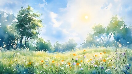 Fototapeta premium Artistic watercolor painting of a summer meadow with wildflowers, a clear blue sky, and a bright sun, soft and elegant.