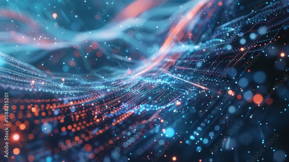 Poster complex network of interconnected nodes and lines creating a dynamic, flowing stream of data, symbol