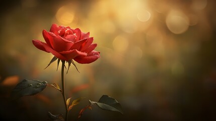 Obraz premium Close-up of a single red rose with dewdrops on its petals, softly lit with a romantic background, detailed and elegant.