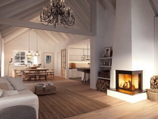 Cozy Open Plan Living Room With Fireplace And Wooden Beams
