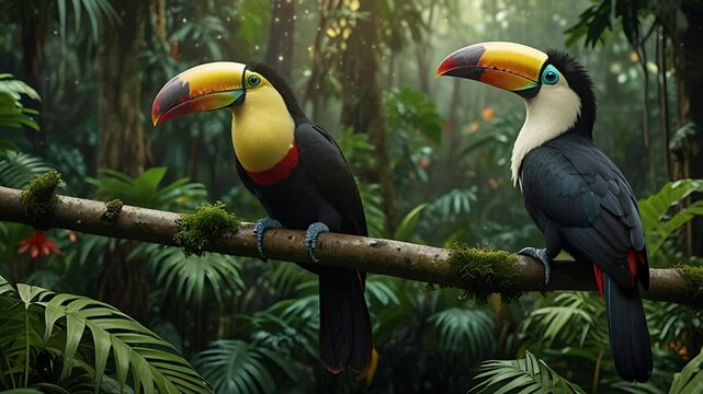 A toucan is on a tree branch in the middle of the forest. Seamless 4K looping timelapse video animation background