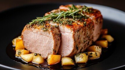A beautifully plated pork roast garnished with herbs, served on a bed of diced apples, showcasing a delicious and elegant meal.