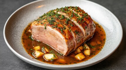 A succulent roasted meat dish garnished with herbs, served in a flavorful sauce with diced vegetables on a stylish plate.