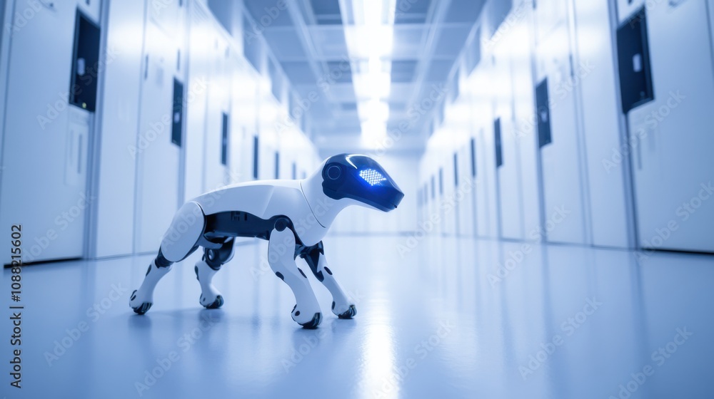 Aufkleber a robotic dog patrolling a high-security facility, modern and secure environment with surveillance e