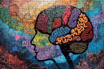 Fototapeta premium Colorful Puzzle of Human Brain with Abstract Patterns Represents Creativity, Intelligence, and Thought Processes Against a Vibrant Background