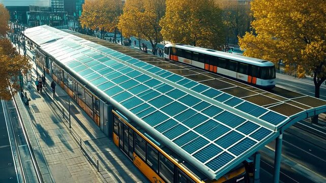 Solar Powered Bus Stop: Sustainable Urban Transportation. A high-angle, long shot showcases a modern bus stop equipped with solar panels, seamlessly integrated into the city landscape.