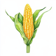 Watercolor illustration of single ear of corn with green leaves