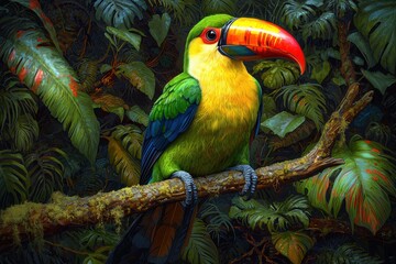 Fototapeta premium Vibrant Toucan in Lush Tropical Rainforest Setting