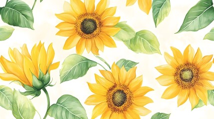 Seamless sunflower wallpaper with bright yellow flowers and green leaves, designed in a cheerful and artistic style, perfect for digital or interior use.


