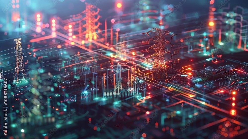 Poster complex network of power lines and electrical infrastructure visualized as a futuristic technologica