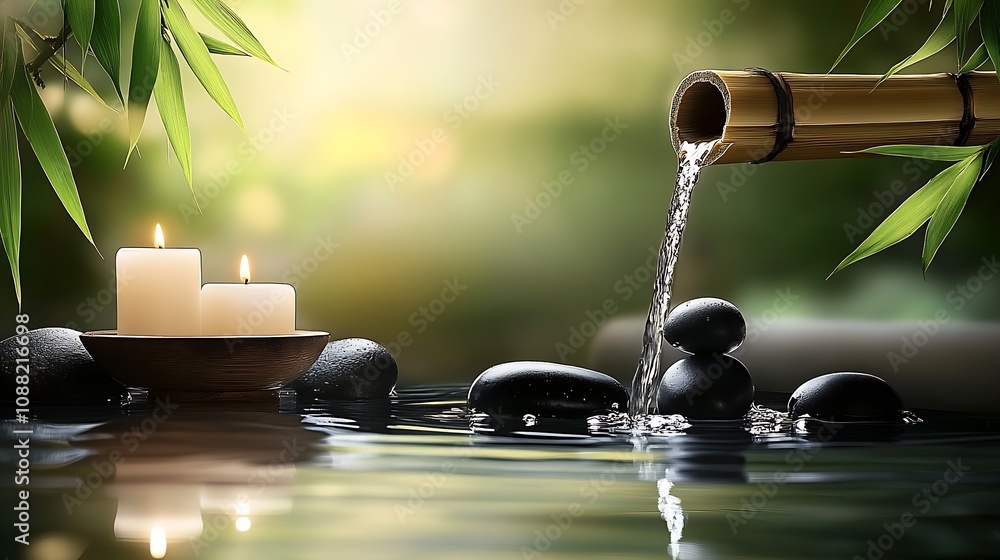 Poster tranquil bamboo water feature with candles in serene zen garden setting : generative ai