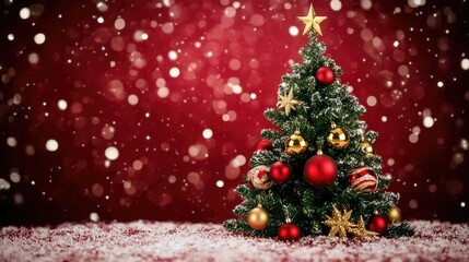 Small, decorated Christmas tree with red and gold ornaments against a deep red background with soft bokeh lighting.