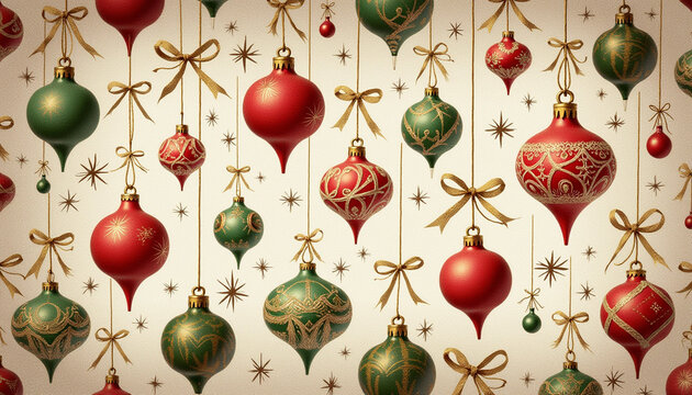 Patterned vintage decorations, repeating designs of old-fashioned ornaments like glass balls, tinsel, and lace ribbons in muted reds, greens, and golds, festive and cozy