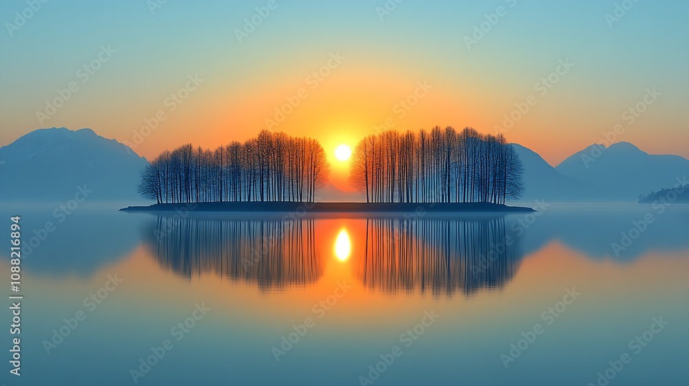 Poster dawn reflects on tranquil lake and remote island in serene mountainous setting : generative ai