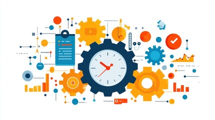 Obraz premium A clock is in the center of a graphic with many gears and other symbols