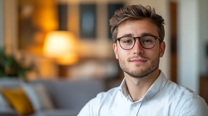 Young Professional Man with Glasses Smiling in Cozy Modern Home Environment : Generative AI