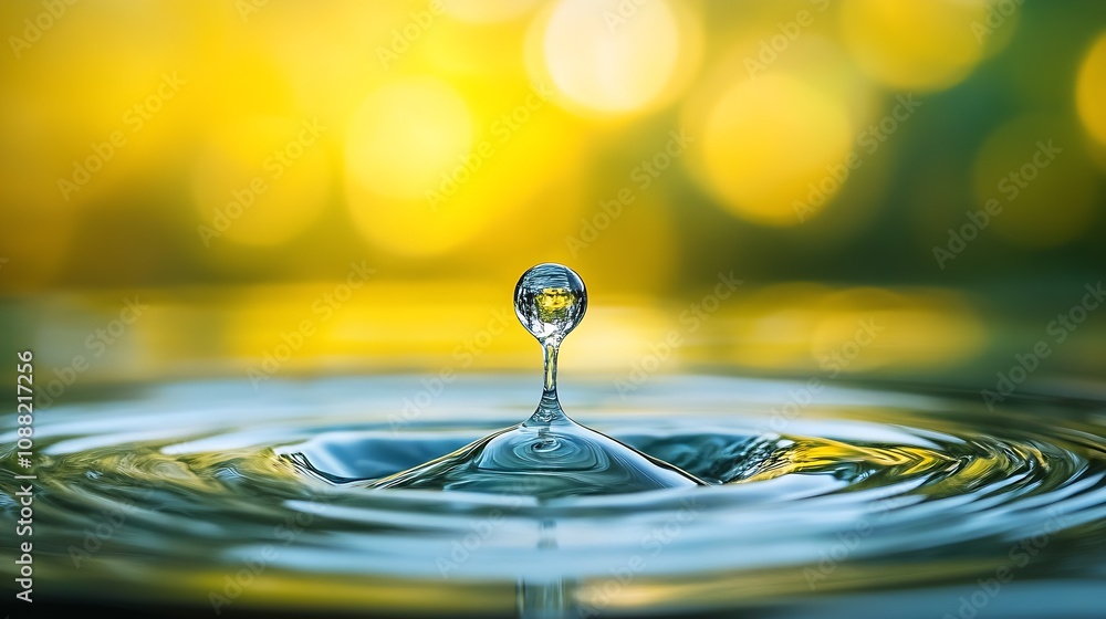 Poster Vivid Close-Up of Water Droplet Splashing on Rippled Surface Amidst Golden Bokeh Background : Generative AI