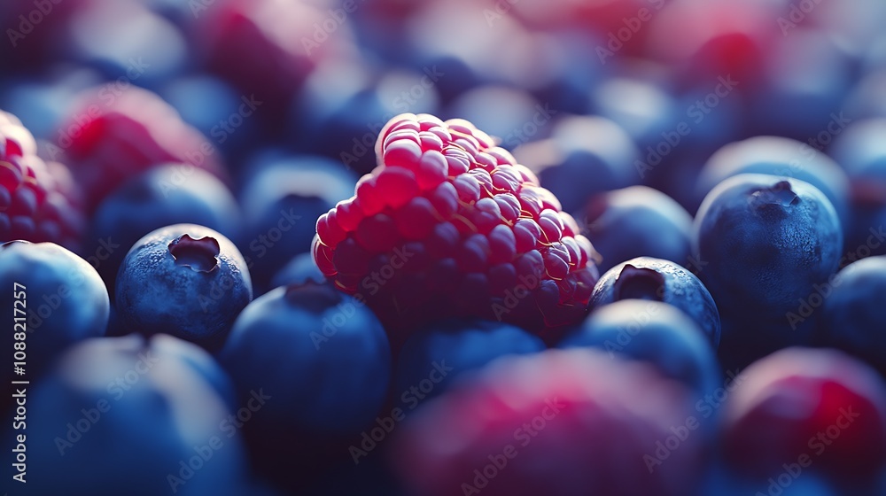 Poster juicy red raspberry surrounded by blueberries creating a perfect berry background : generative ai