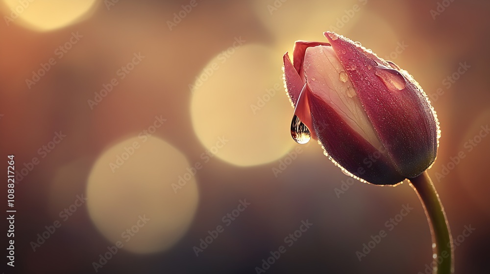 Poster elegant tulip bud with morning dew and bokeh effect during sunrise : generative ai