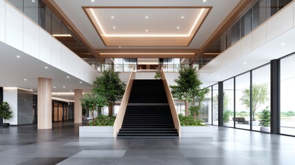 Modern lobby with stairs and greenery, promoting a welcoming atmosphere.