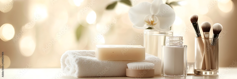 Poster luxurious spa setting with towels and makeup brushes on elegant background : generative ai