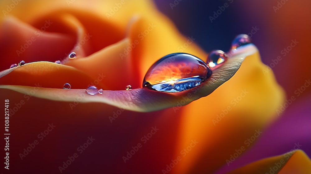 Poster close-up of dew drop on a rose petal in vivid colors : generative ai