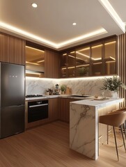 Modern Kitchen Design With Marble Island And Wood Cabinets
