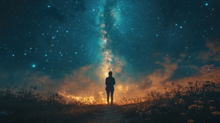 Fototapeta premium Silhouette of a Person Gazing at the Milky Way