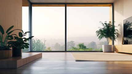 Minimalistic interior with panoramic windows, large green potted plants, carpet. A large window in the living room overlooking the tropical mountains