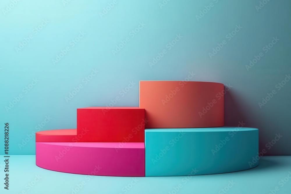 Poster a colorful geometric display featuring layered circular shapes against a soft blue background.