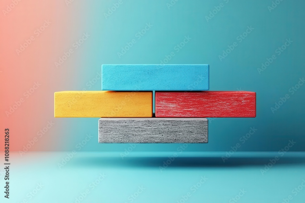 Poster Four colorful blocks are stacked in a floating arrangement against a soft gradient background, creating a modern and minimalist aesthetic.