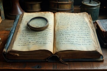 An Open Antique Book with a Magnifying Glass