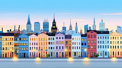 Fototapeta premium Vibrant city skyline showcasing colorful buildings against a clear sky at dusk, reflecting modern urban life and architecture.