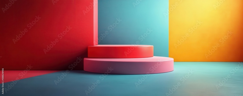 Poster a vibrant, abstract scene featuring colorful walls and circular platforms, creating a visually strik